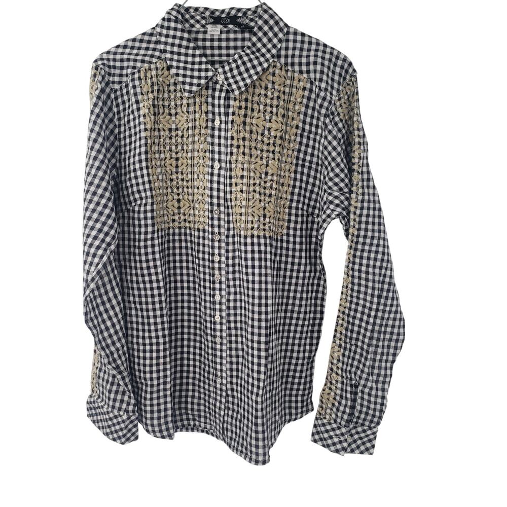 TRU LUXE JEANS Black Embroidered Gingham Button Down Top Womens Size Medium M